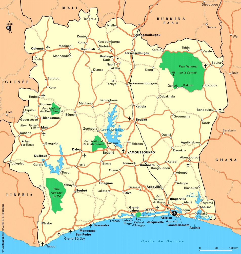 Carte de la Côte d'Ivoire  Routière, Administrative, Villes