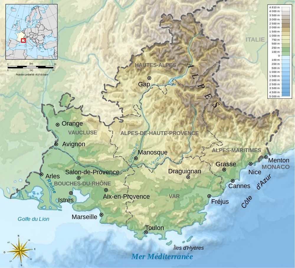 Carte de Provence Alpes Côtes d’Azur (PACA) Région de France