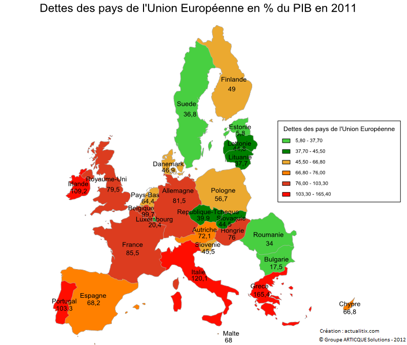 Carte des dettes des pays de l'Union Européenne