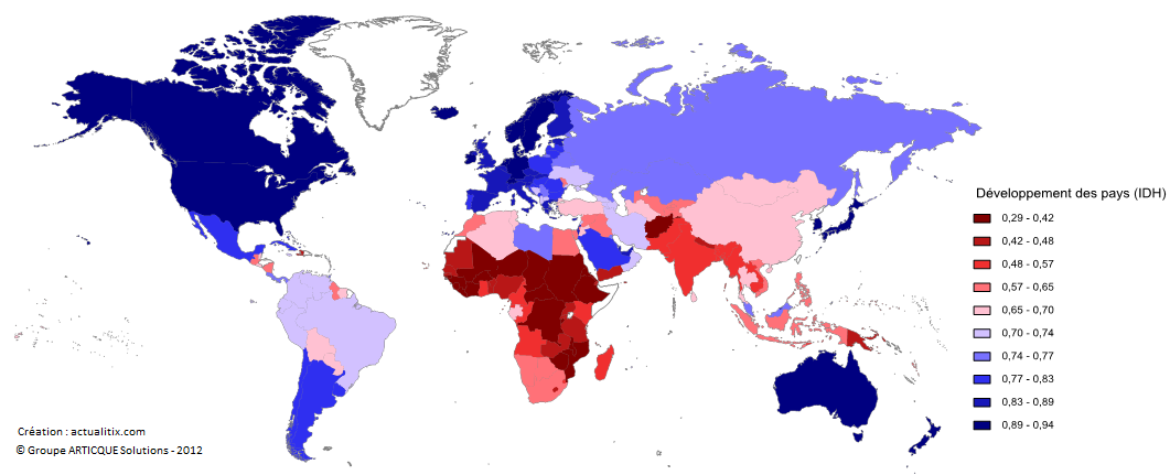 Carte développement des pays selon IDH