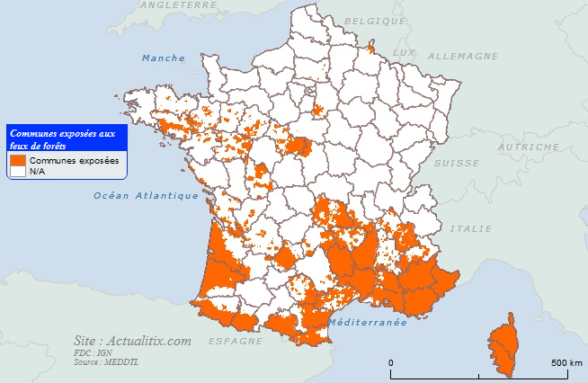 Carte des communes exposées aux feux de forêts