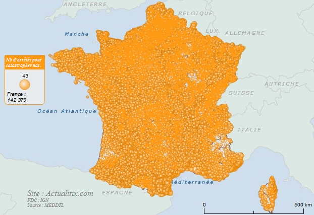 Carte nombre d'arrêtés pour catastrophes naturelles