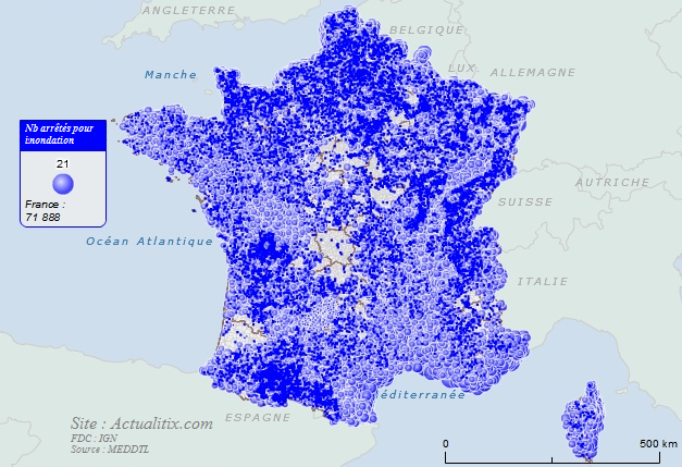 Carte du nombre d'arrêté pour innondation par communes