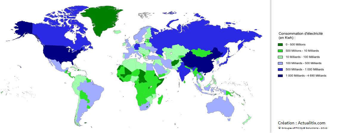 Carte de la consommation d'électricité dans le monde