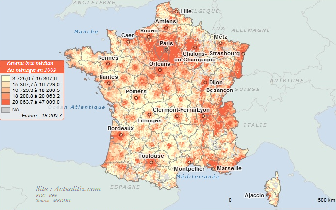 Carte revenu brut des ménages par communes