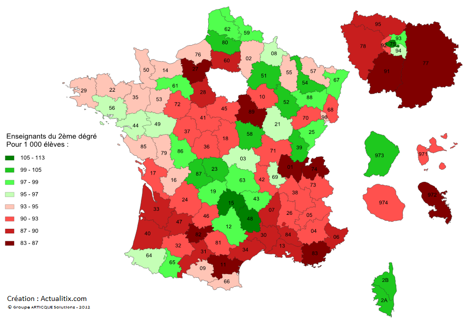 Carte nombre d'enseignants du second degré