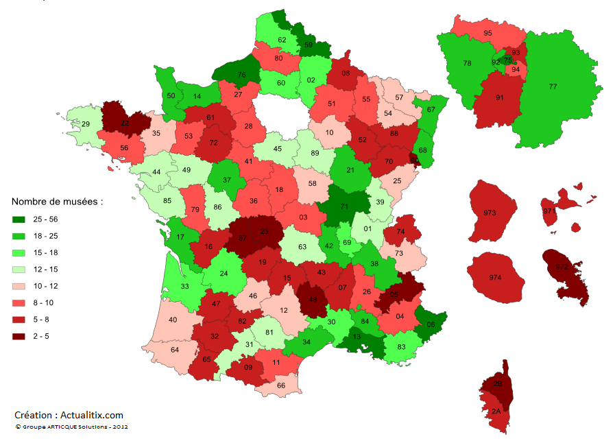 Carte du nombre de musées par département