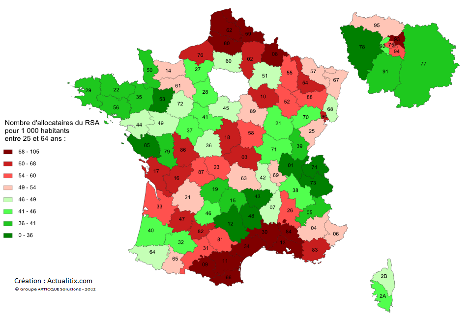 Précarité par département avec le nombre d'allocataires du RSA