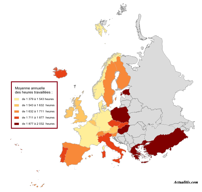 Nombre d'heures travaillées par employé en Europe