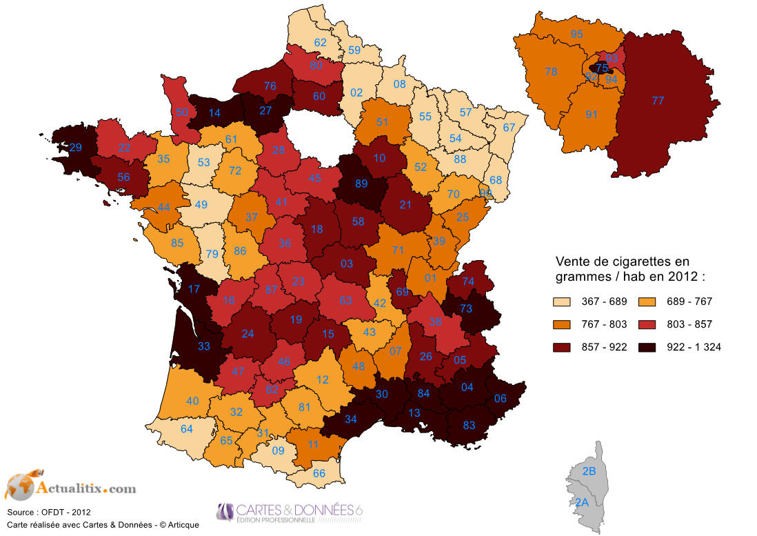 Vente de cigarettes par habitant et département en 2012