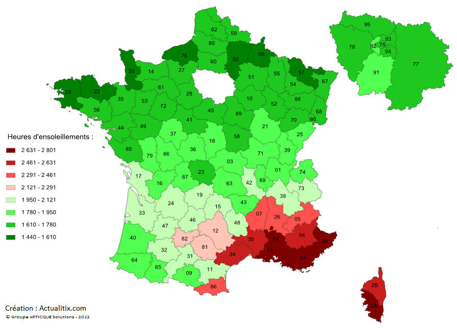 Carte nombre d'heures de soleil