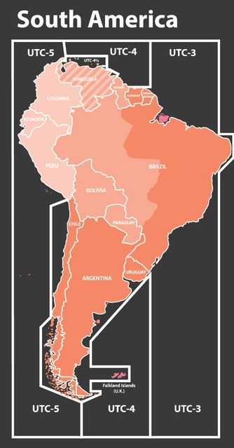 Carte des fuseaux horaires en Amérique du Sud