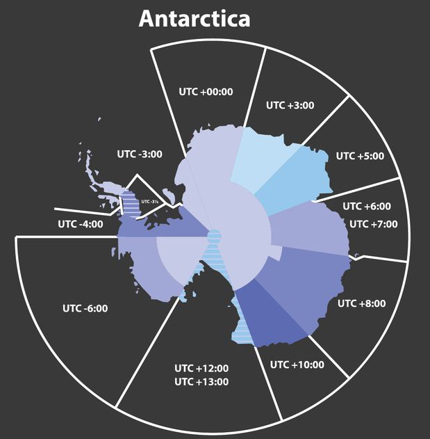 Carte des fuseaux horaires en Antarctique