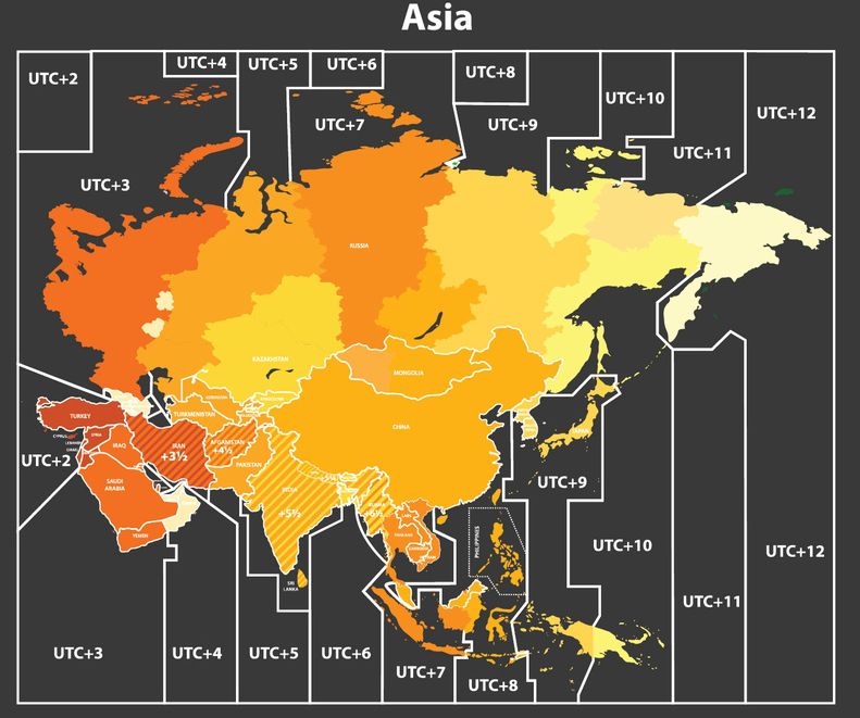 Carte des fuseaux horaires en Asie