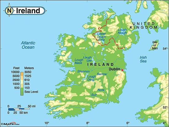 Carte du relief de l'Irlande Carte du relief de l'Irlande