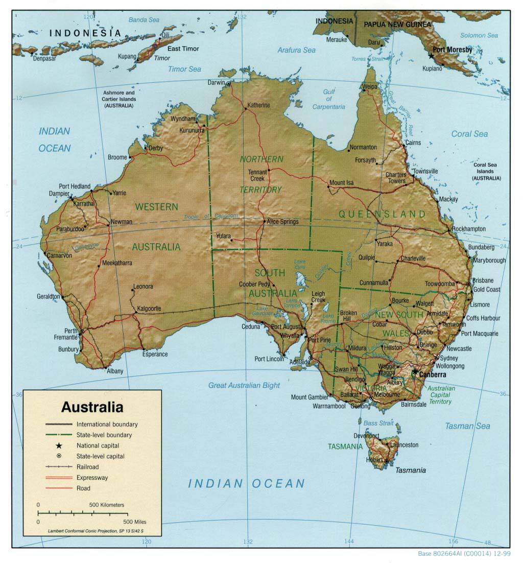 Carte des transports et du relief en Australie Carte des transports et du relief en Australie