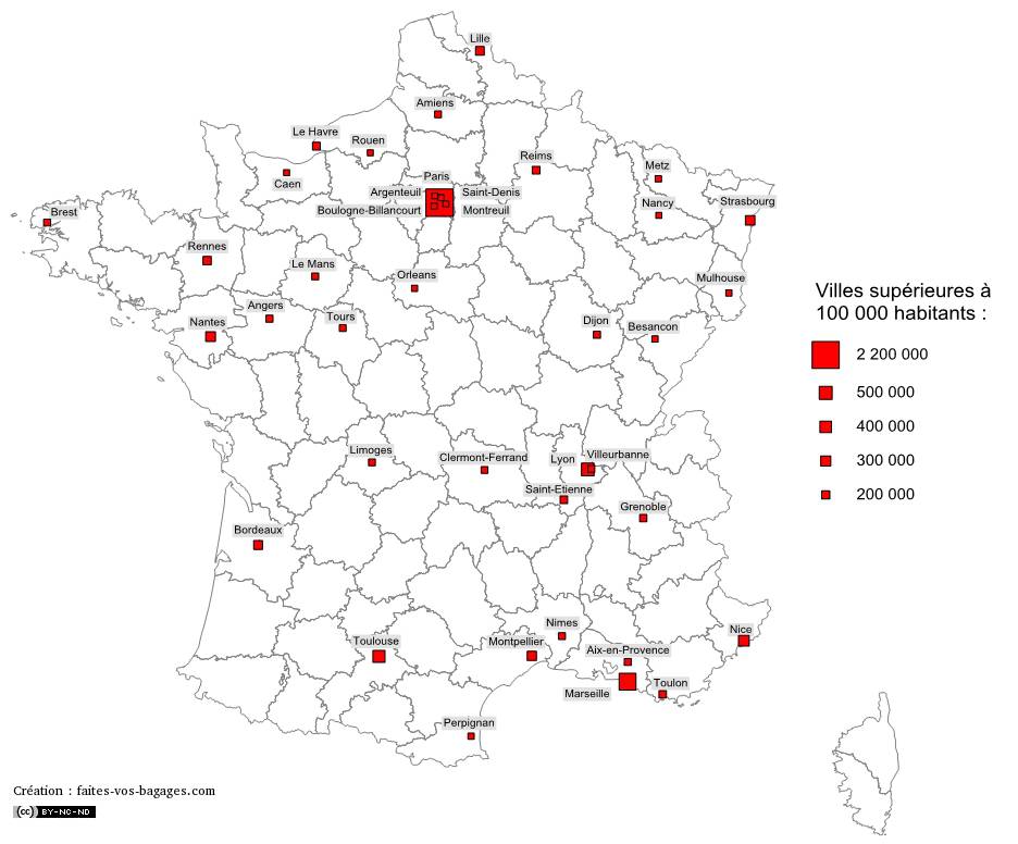 Carte des villes de plus de 100 000 habitants en France