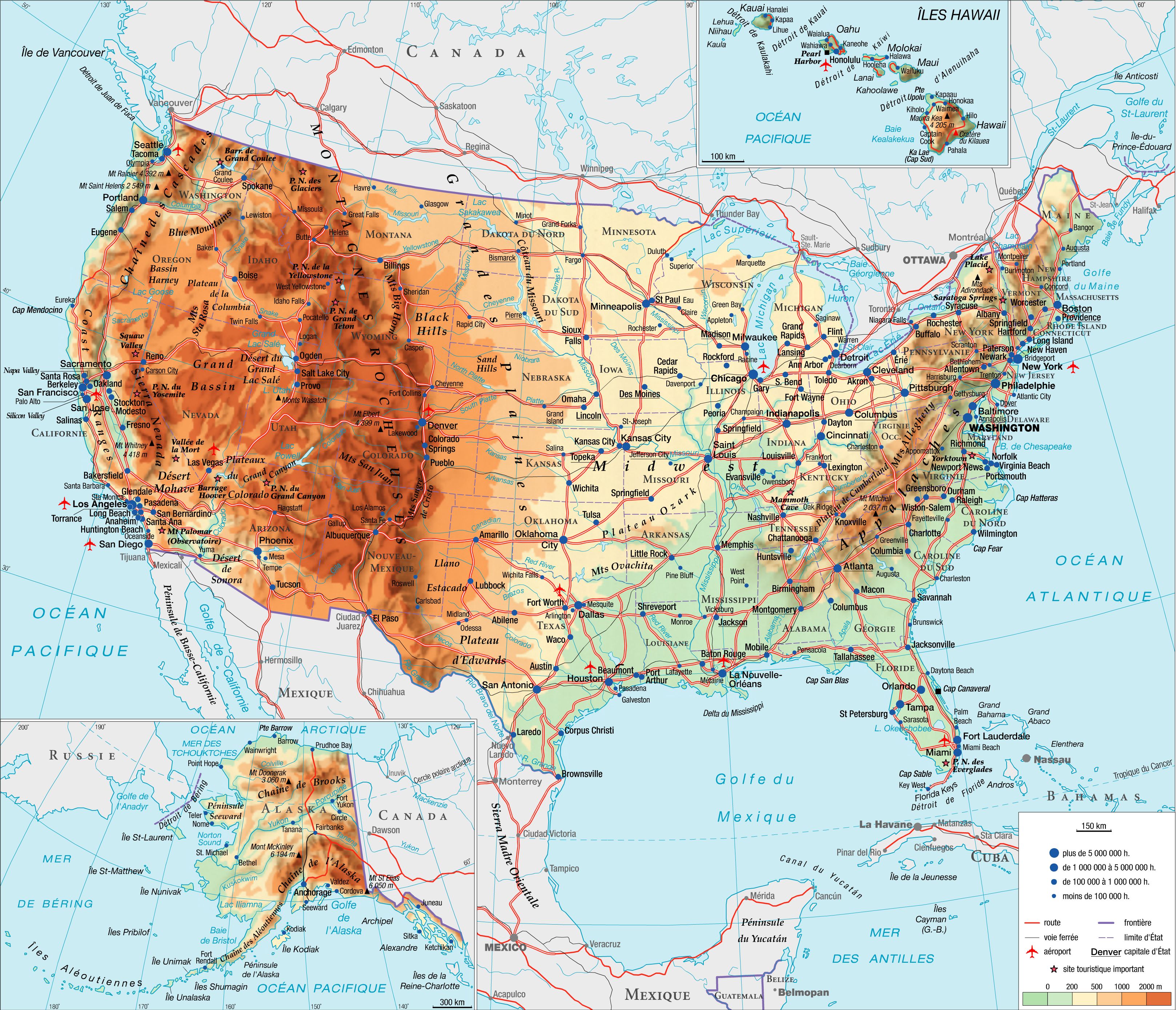  Carte  des USA Etats  Unis  Cartes  du relief villes 