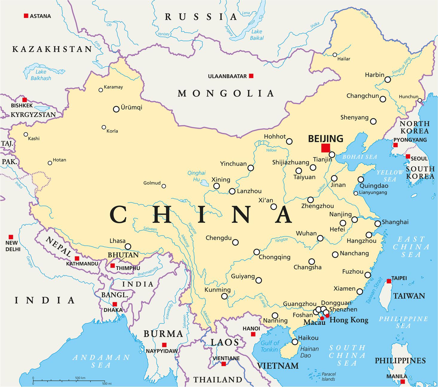 Carte de la Chine - Relief, villes, carte administrative et politique de la Chine
