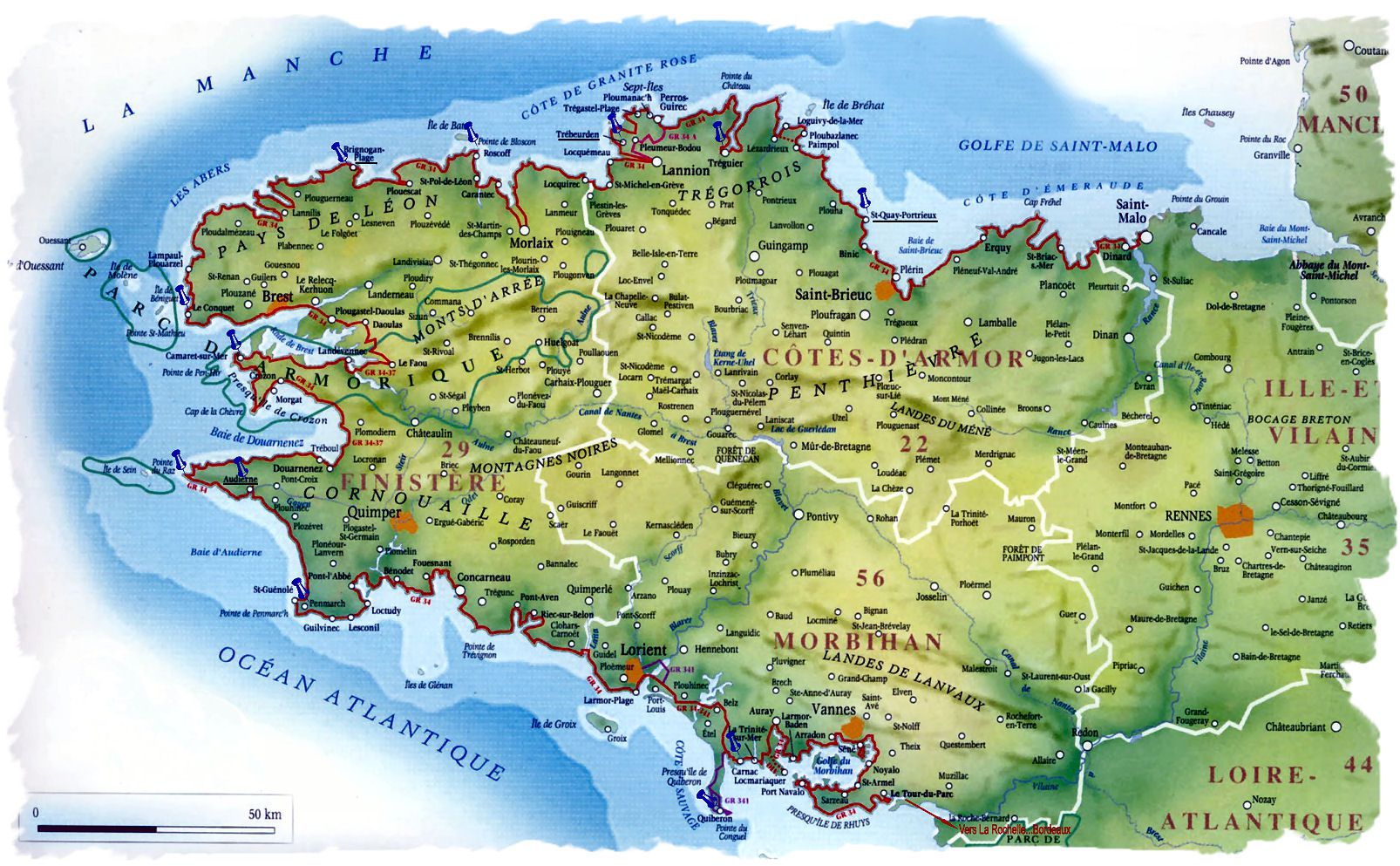 Carte de la Bretagne - Villes, relief, sites touristiques, départements
