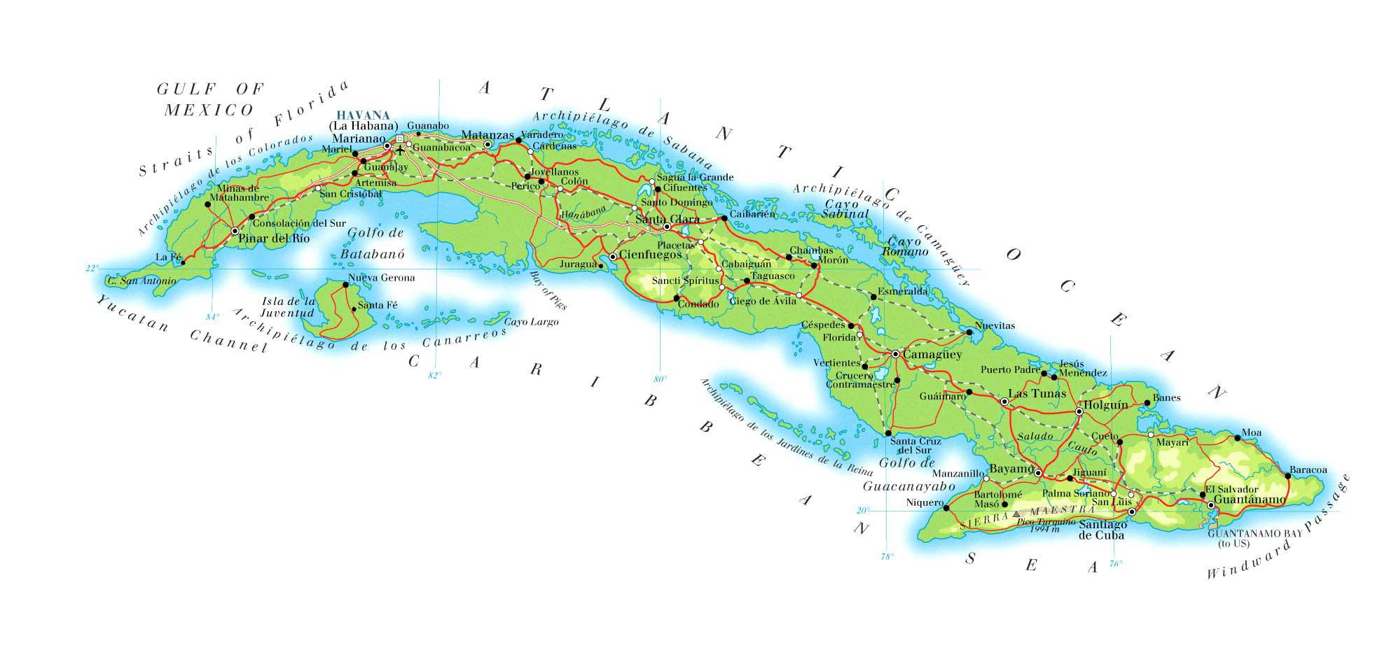 Carte de Cuba - Plusieurs cartes du relief, des villes, routes ou