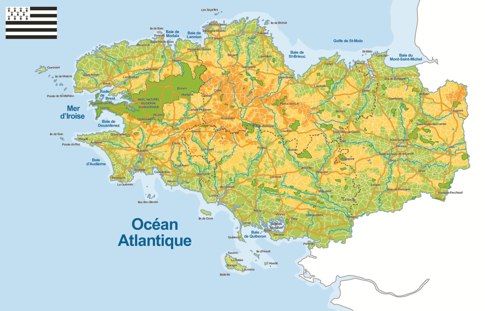 Carte de la Bretagne (administrative) - Villes, relief, départements...
