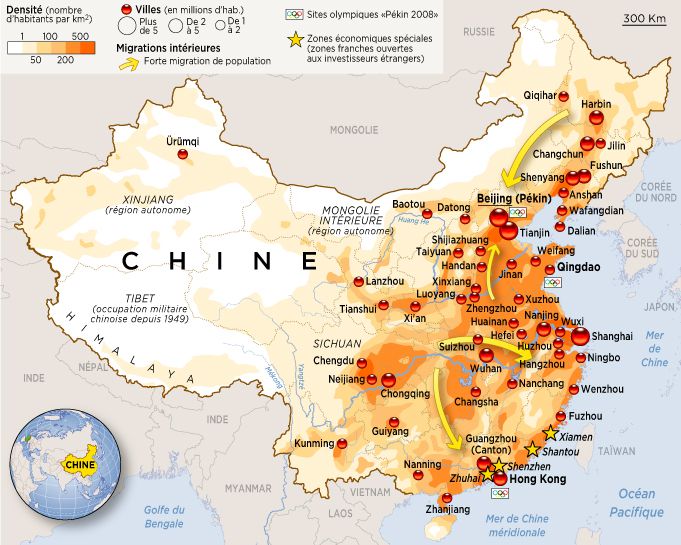 Carte de la densité de population en Chine Carte de la densité de population en Chine