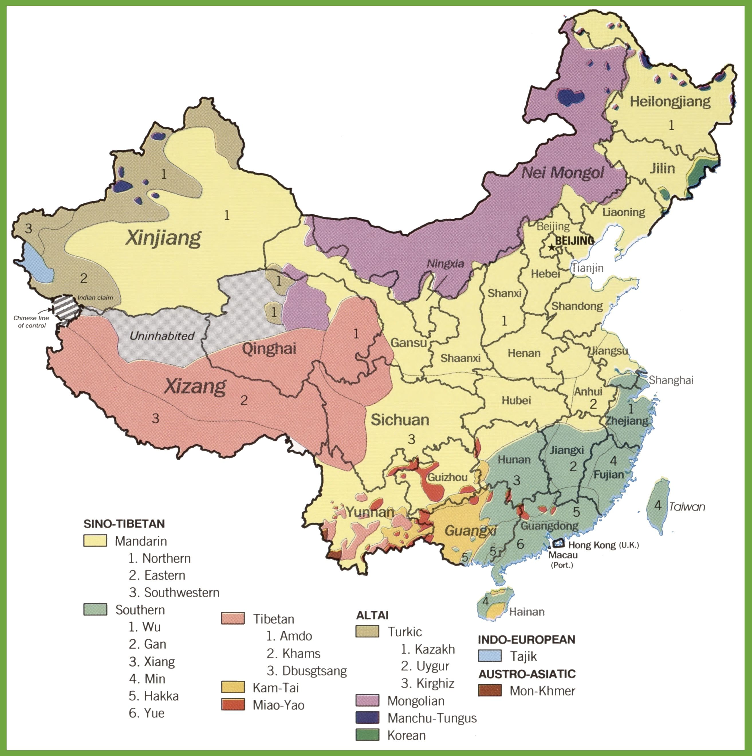 Carte des langues en Chine Carte des langues en Chine