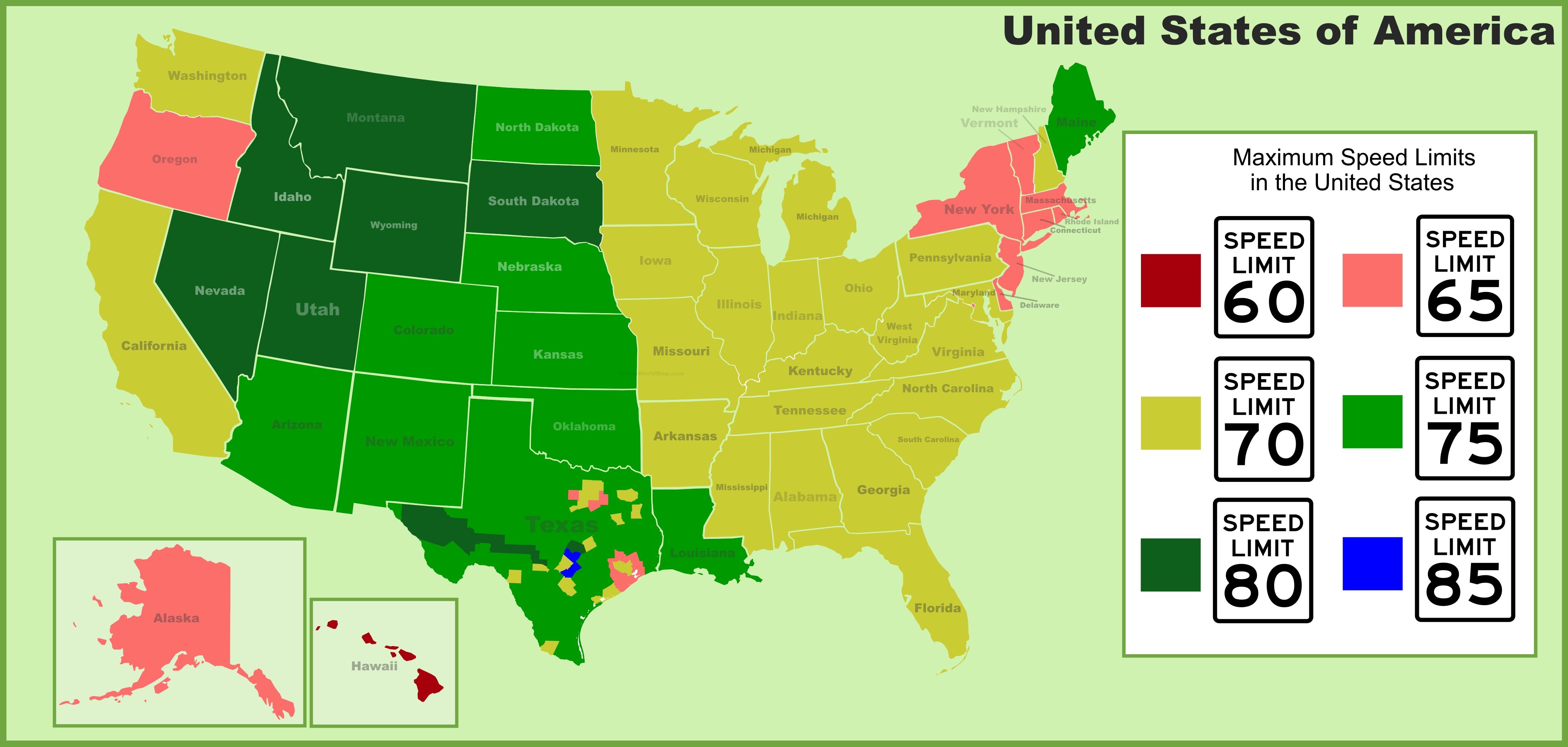 Carte des limites de vitesse aux USA (Etats-Unis) Carte des limites de vitesse aux USA (Etats-Unis)