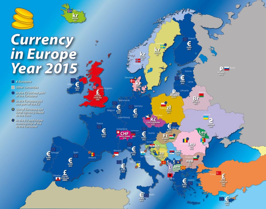 Carte des monnaies de l'Europe