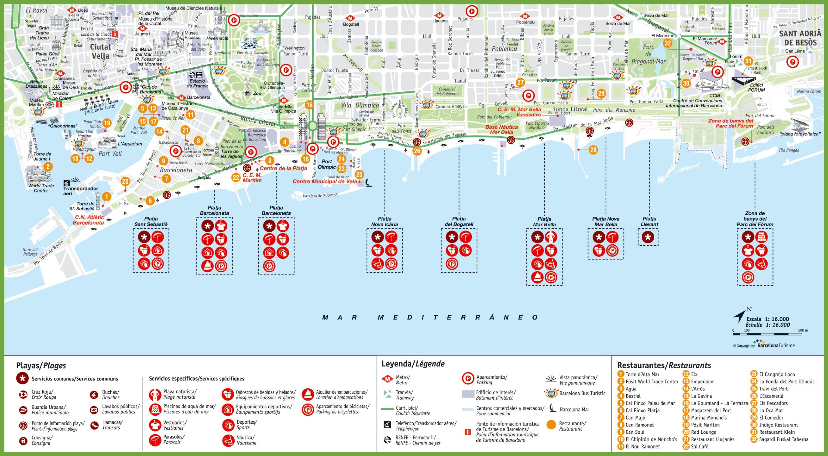 Carte des plages de Barcelone Carte des plages de Barcelone