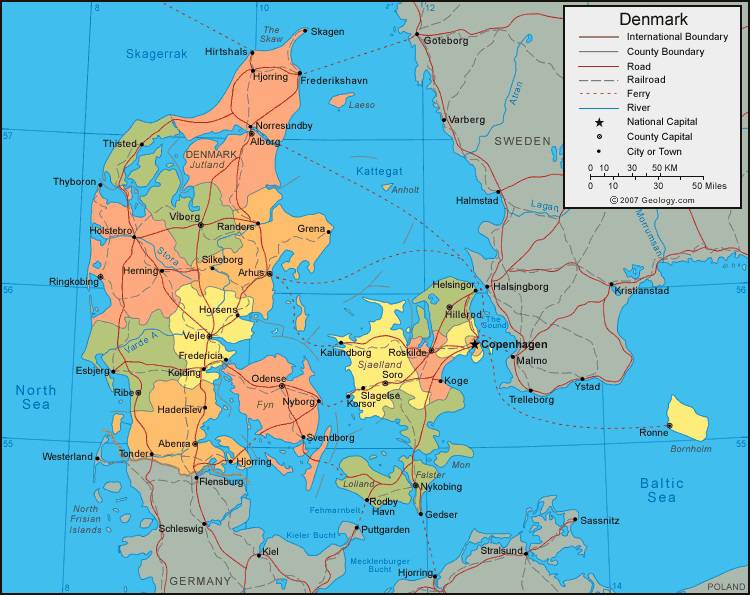 Carte des provinces du Danemark Carte des provinces du Danemark