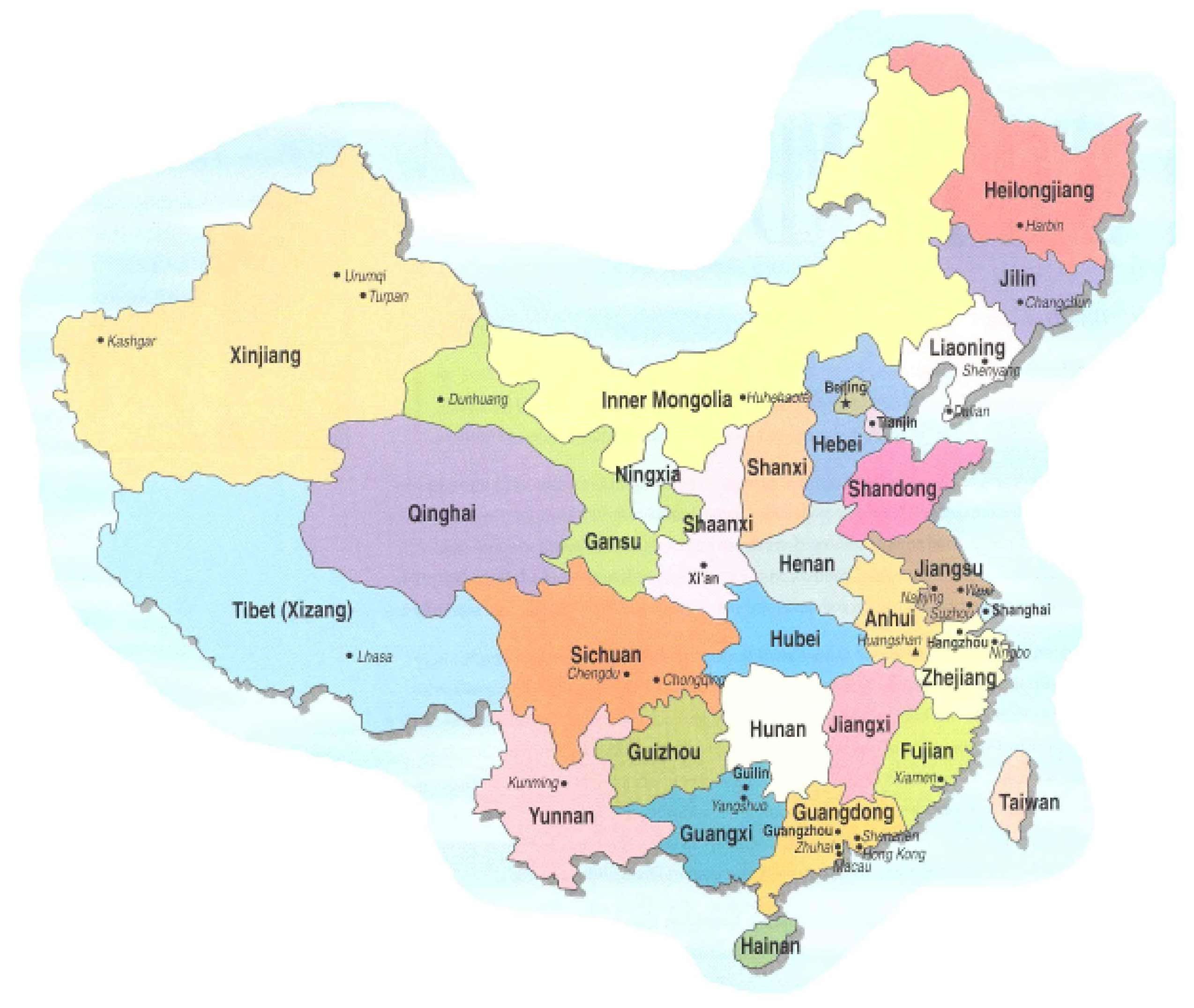 Carte de la Chine - Relief, villes, carte administrative et politique