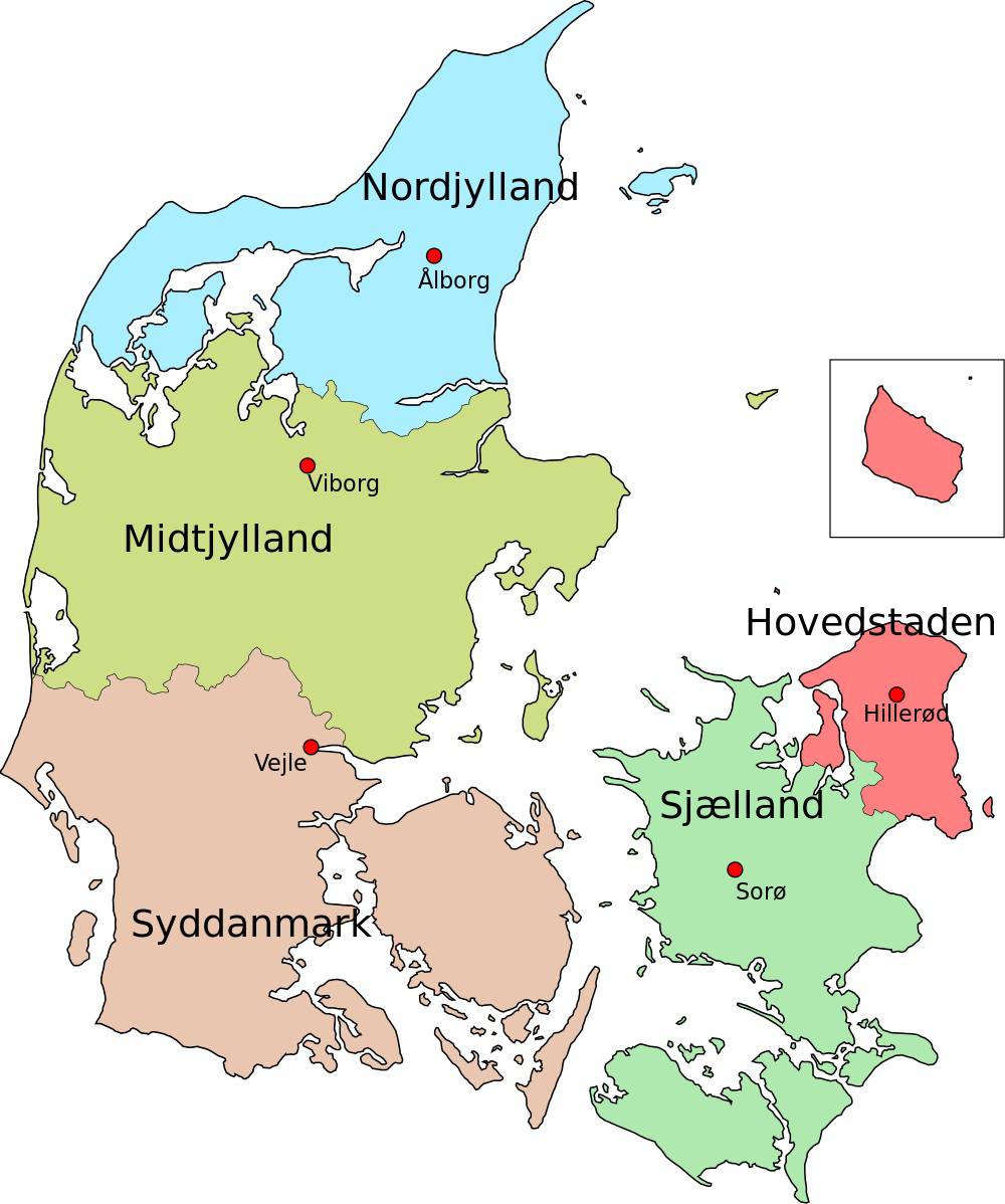 Carte des régions du Danemark Carte des régions du Danemark
