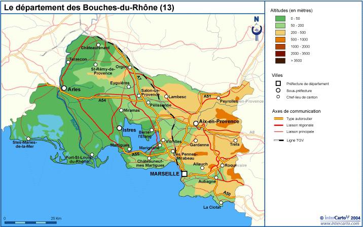 Carte des Bouches-du-Rhône - Communes, Détaillée, relief, routes...