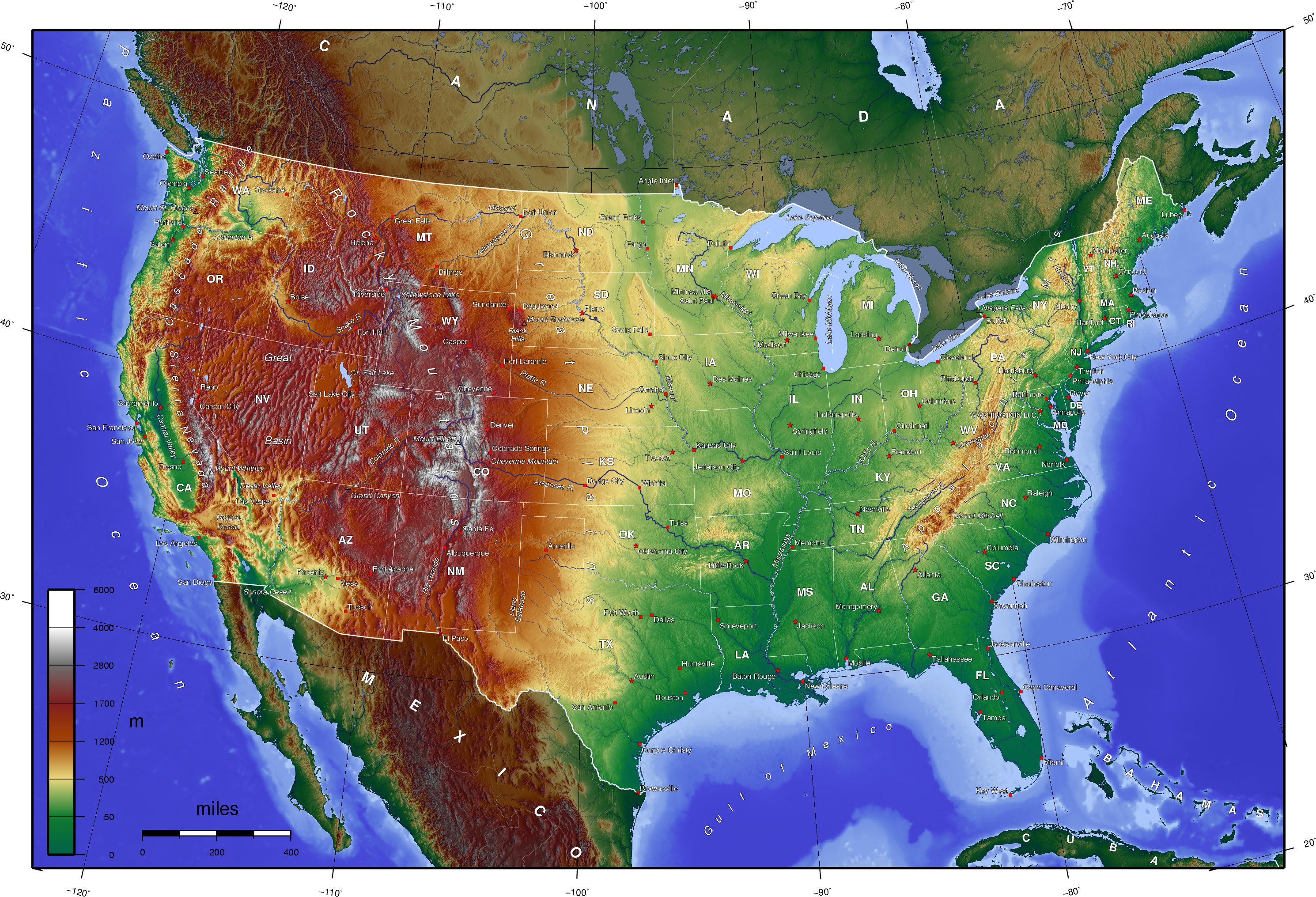 Carte des USA (EtatsUnis) Cartes du relief, villes, administratives, politiques, états...