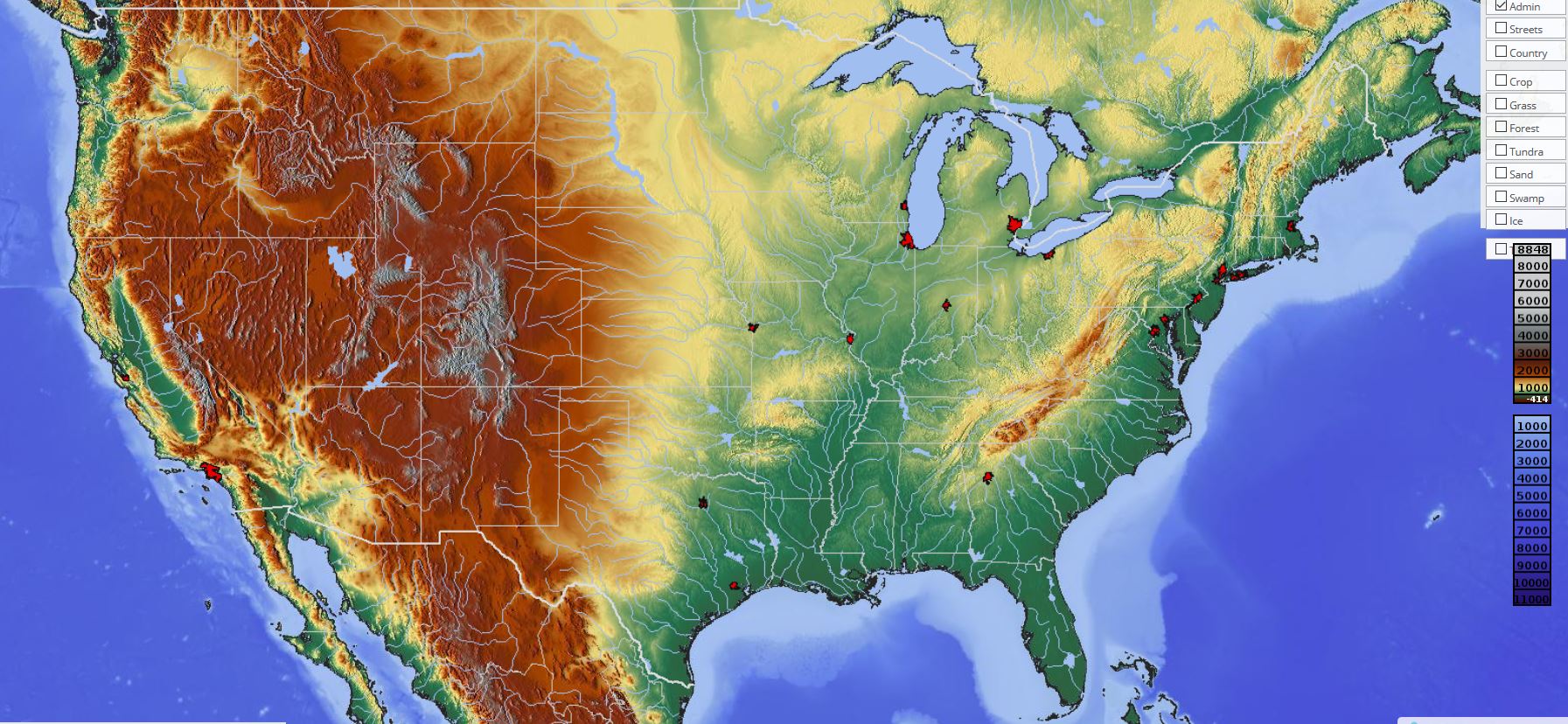 carte du relief des Etats unis