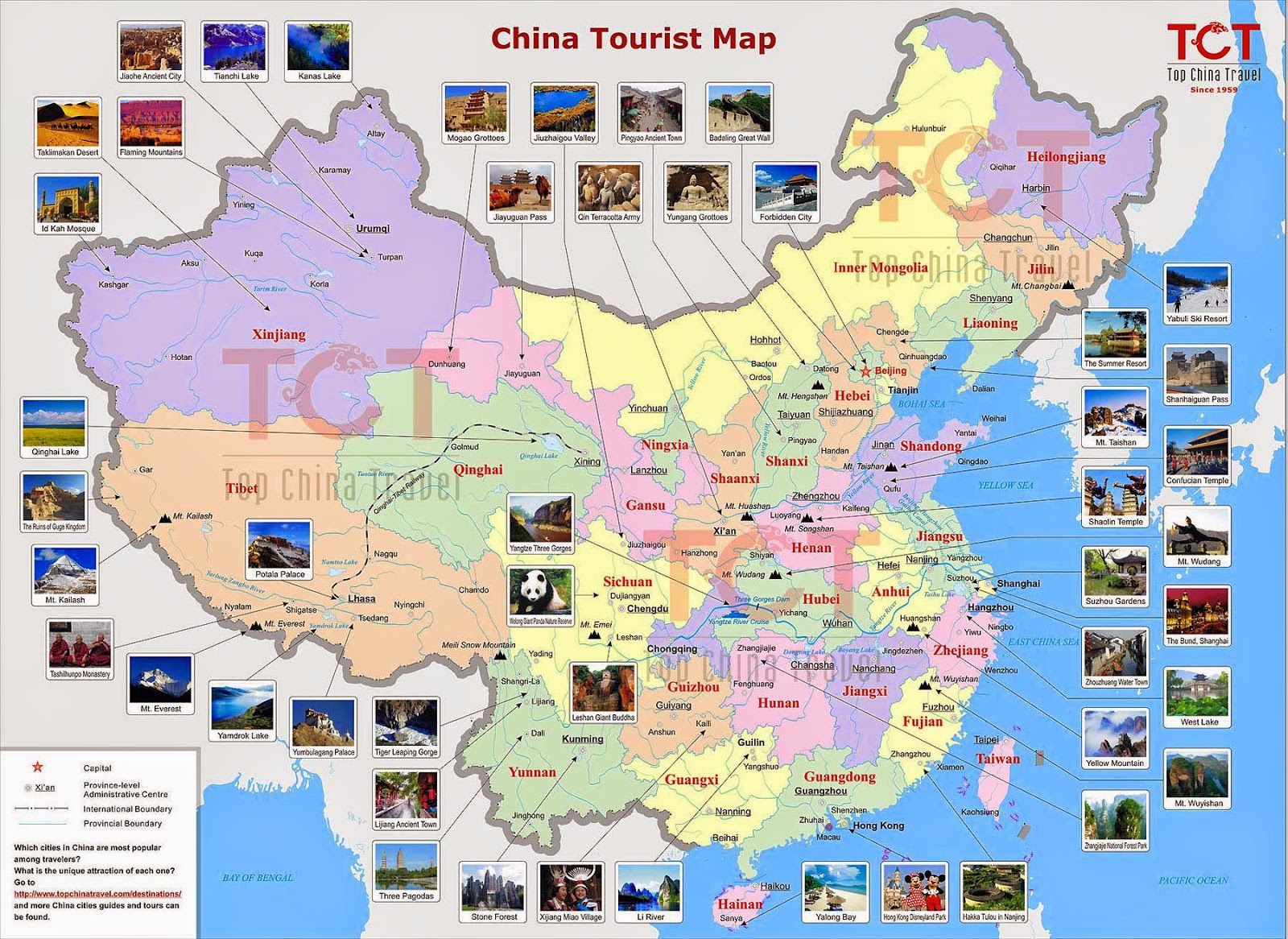 Carte des sites touristiques en Chine Carte des sites touristiques en Chine