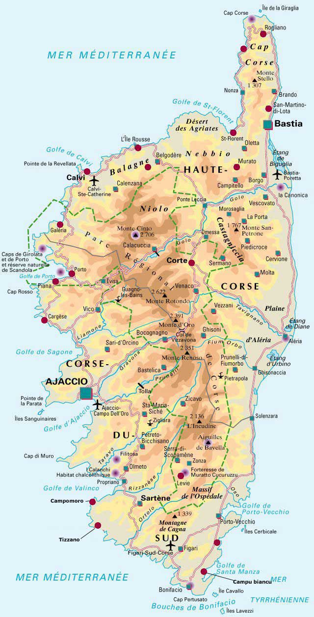 Carte de la Corse - Corse cartes des villes, reliefs, sites touristisques