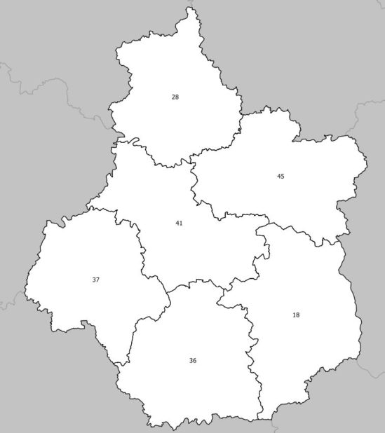 Carte des numéros des départements de la région Centre-Val de Loire