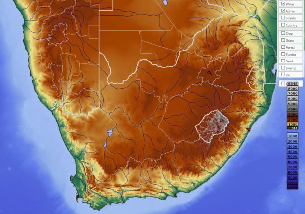 Carte du relief de l'Afrique du Sud