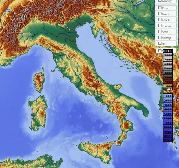 Carte du relief de l'Italie