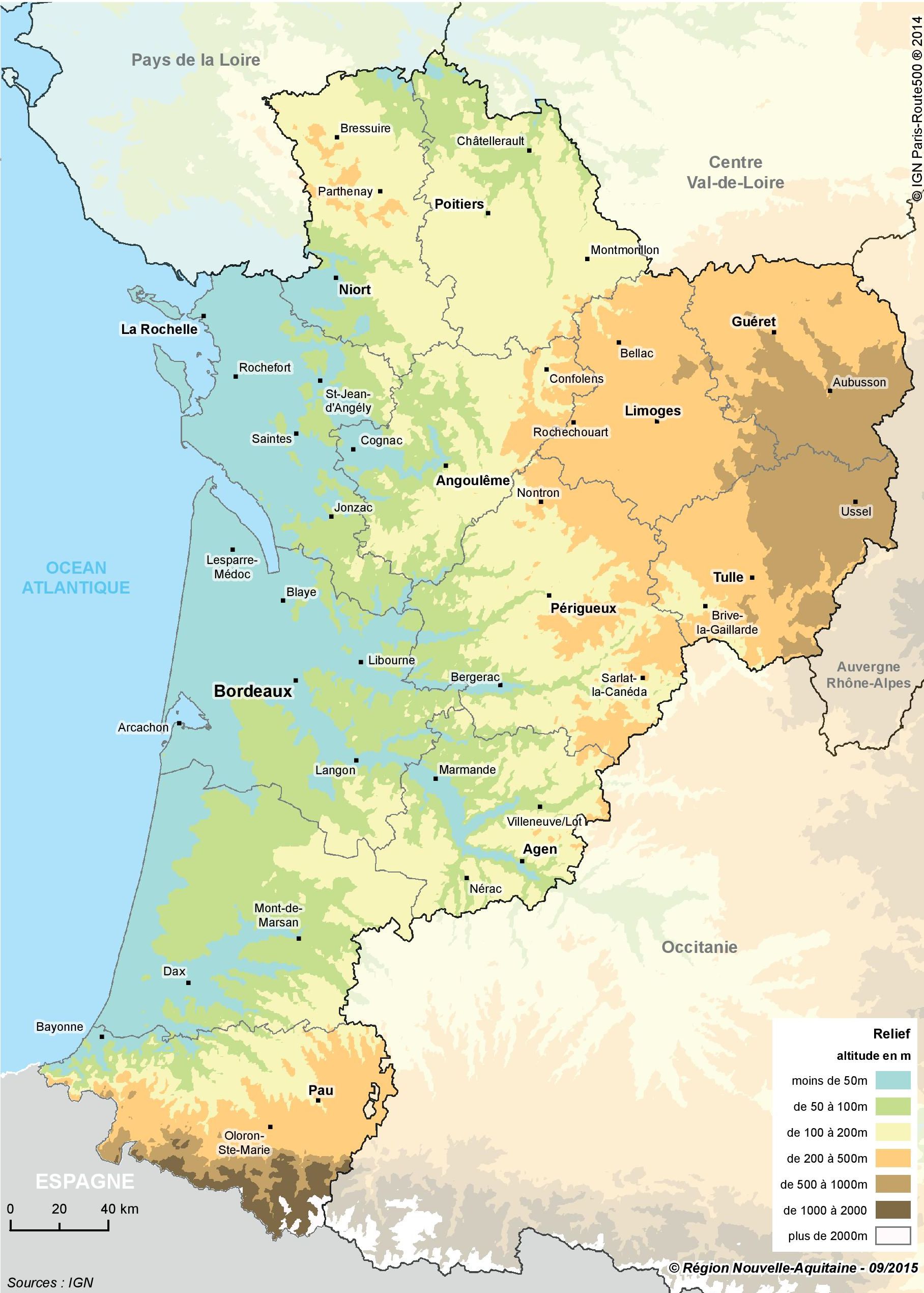 Carte du relief de la Nouvelle-Aquitaine