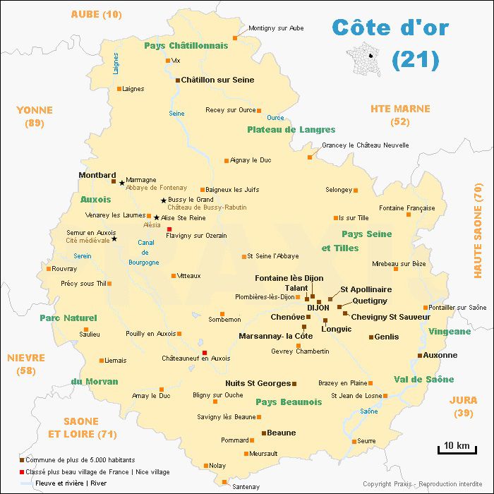 Carte de la Côted'Or Côted'Or carte des villes, communes, relief