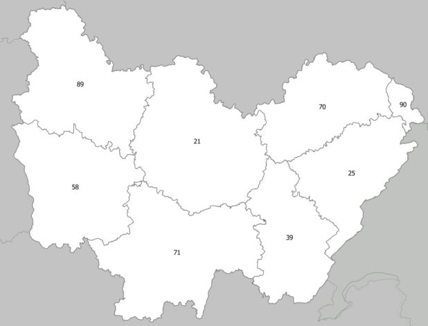 Carte des numéros des départements de Bourgogne-Franche-Comté