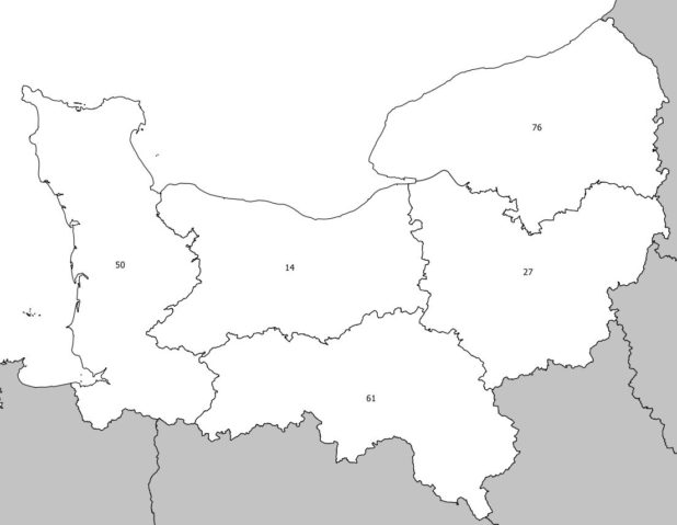 Carte avec les numéros des départements de Normandie