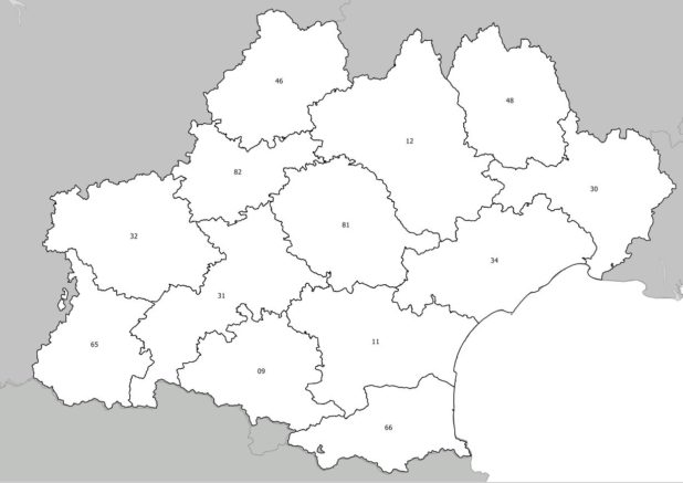Carte avec numéros des départements de l'Occitanie Carte avec numéros des départements de l'Occitanie