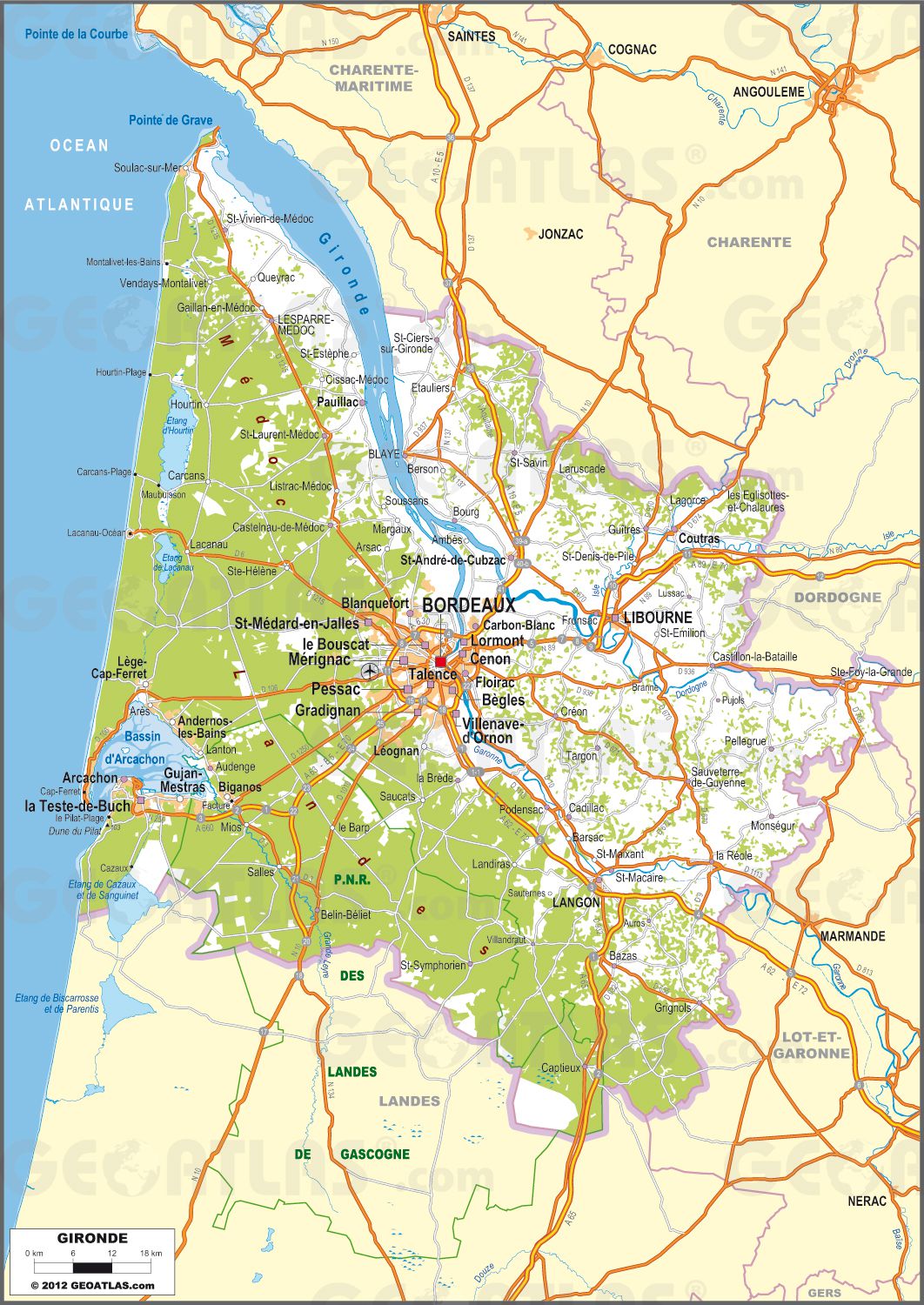 Carte de la Gironde - Gironde carte des villes, communes, relief, sites touristiques