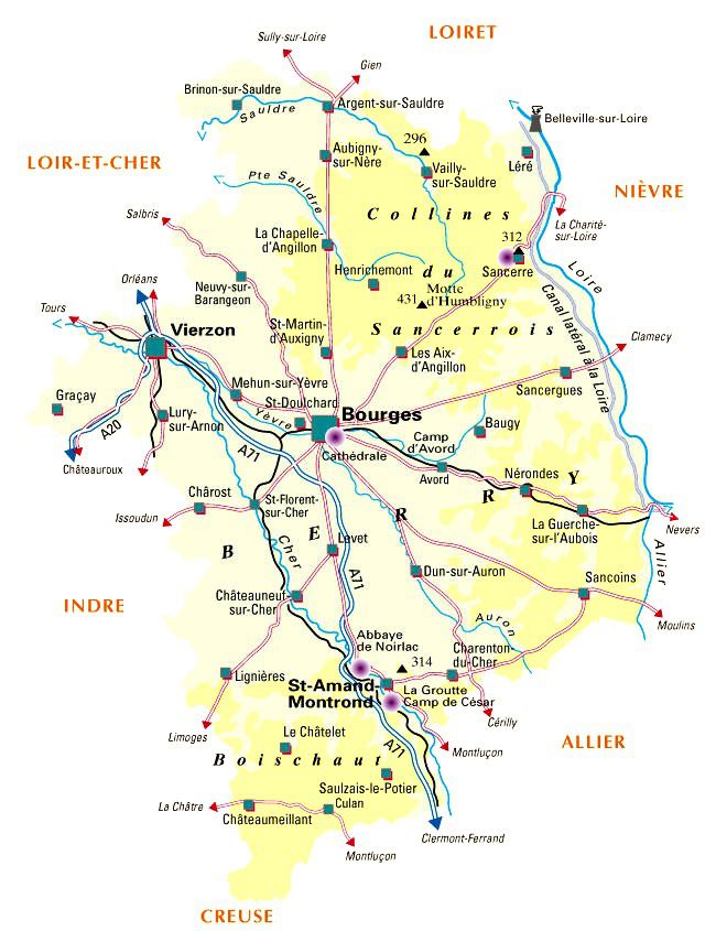 Carte du Cher - Cher carte du département 18 - villes, sites ...