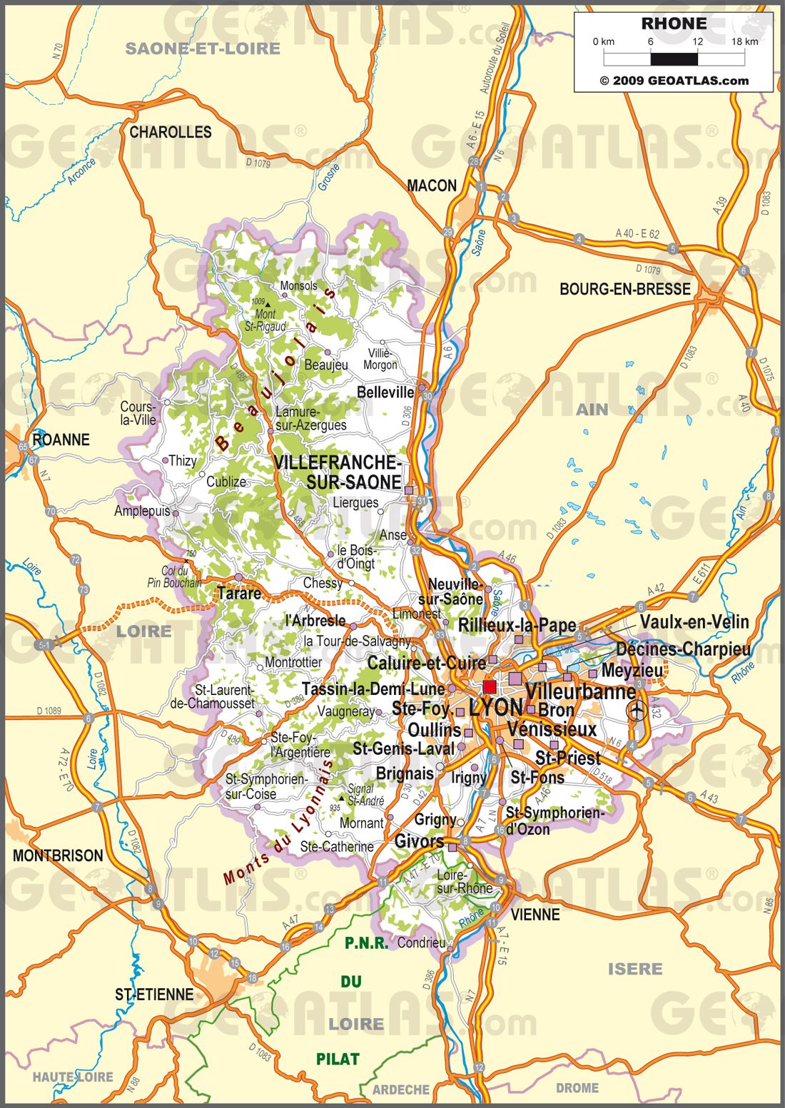 Carte du Rhône - Rhône carte du département 69 - villes, sites touristiques